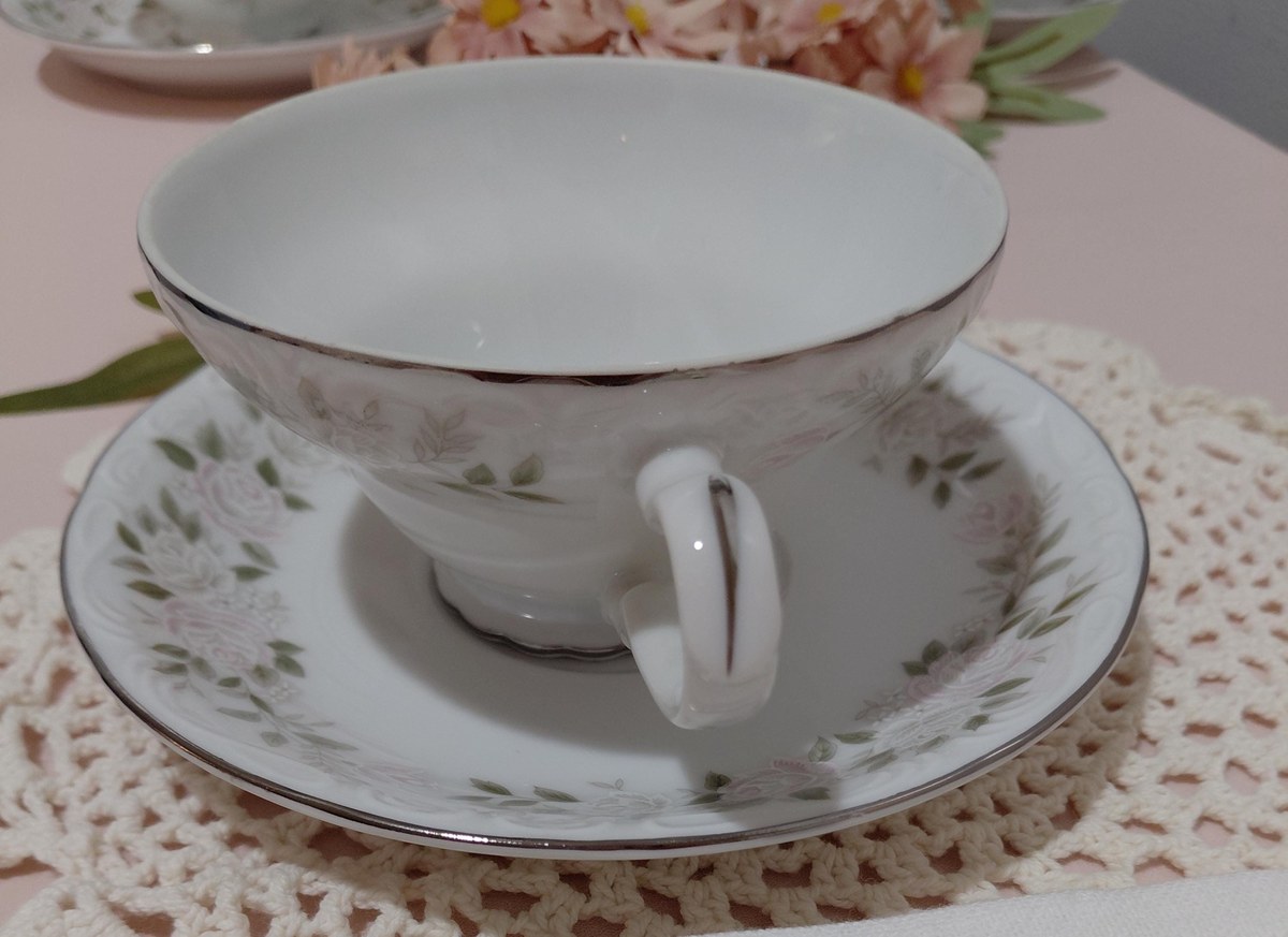 Vintage Sheffield Bone China Tea Cup & Saucer Set: Blush Rose Garland, Silver Trim, view 10