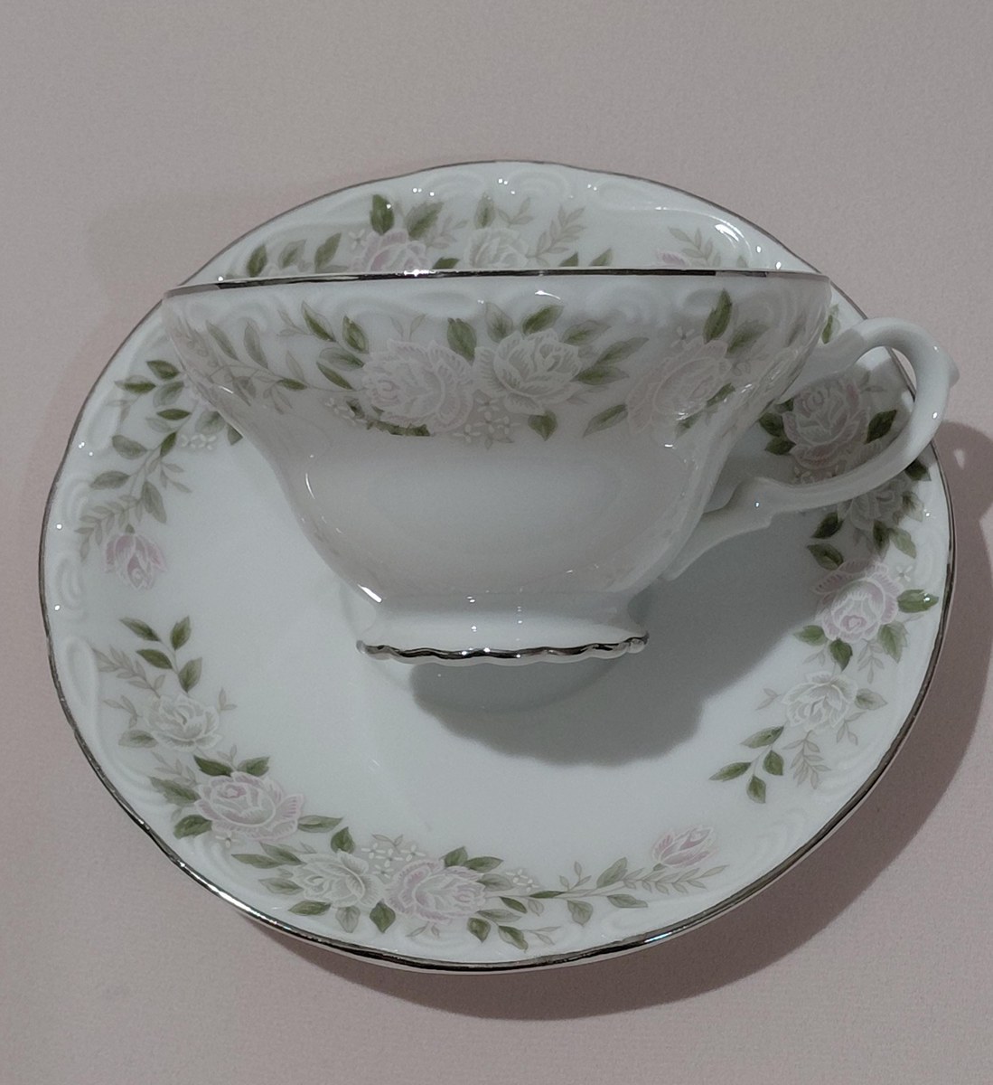 Vintage Sheffield Bone China Tea Cup & Saucer Set: Blush Rose Garland, Silver Trim, view 2