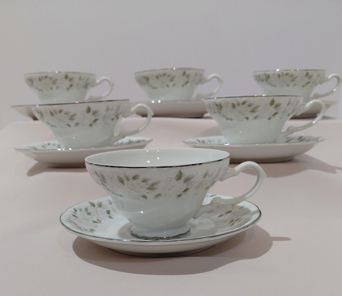 Vintage Sheffield Bone China Tea Cup & Saucer Set: Blush Rose Garland, Silver Trim, view 3
