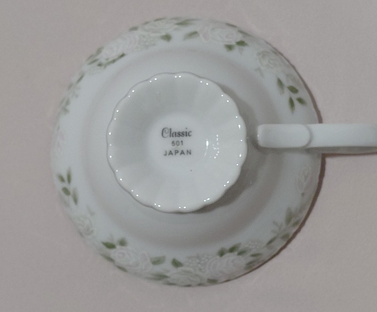 Vintage Sheffield Bone China Tea Cup & Saucer Set: Blush Rose Garland, Silver Trim, view 5