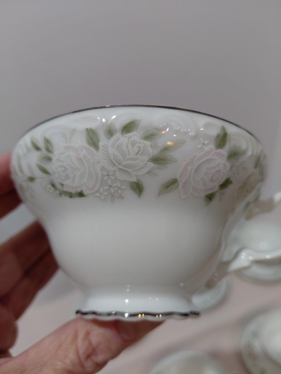 Vintage Sheffield Bone China Tea Cup & Saucer Set: Blush Rose Garland, Silver Trim, view 7