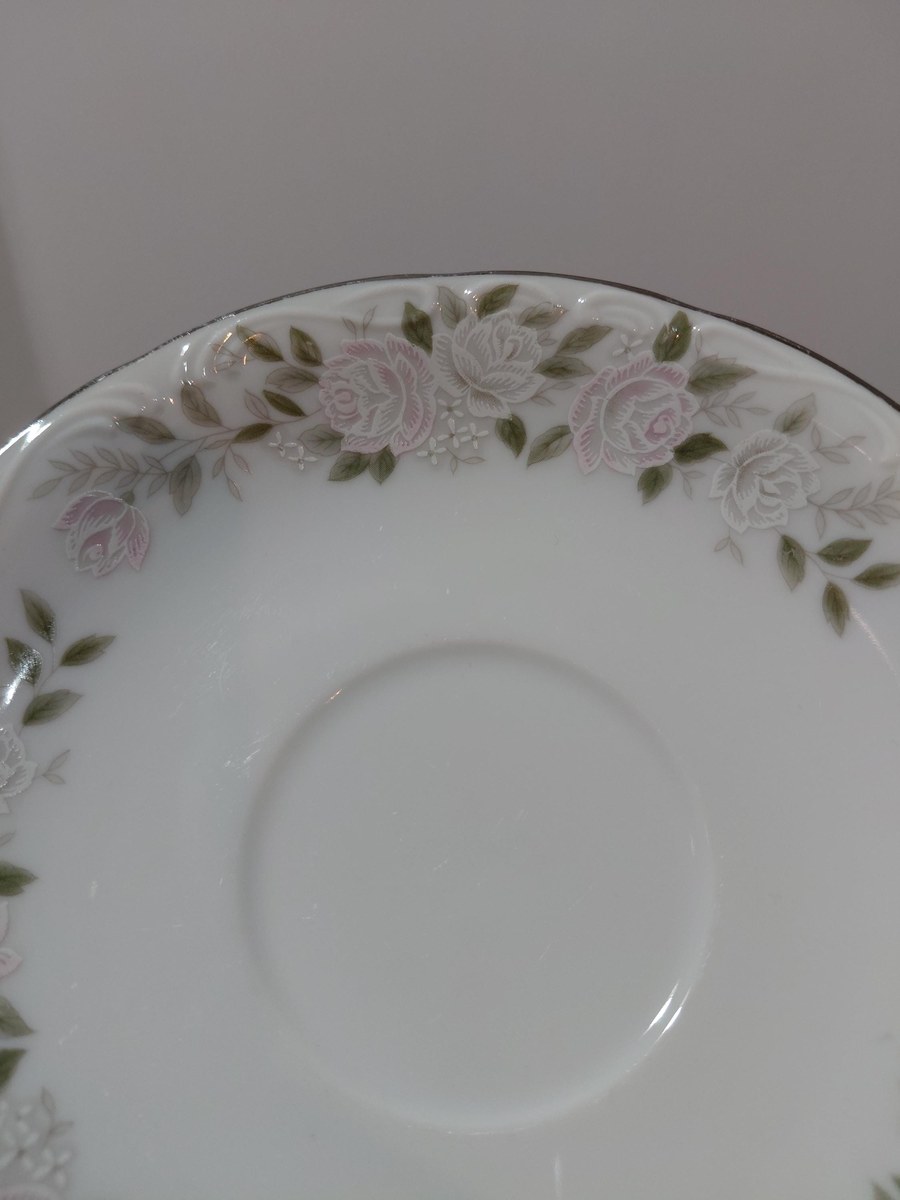Vintage Sheffield Bone China Tea Cup & Saucer Set: Blush Rose Garland, Silver Trim, view 8