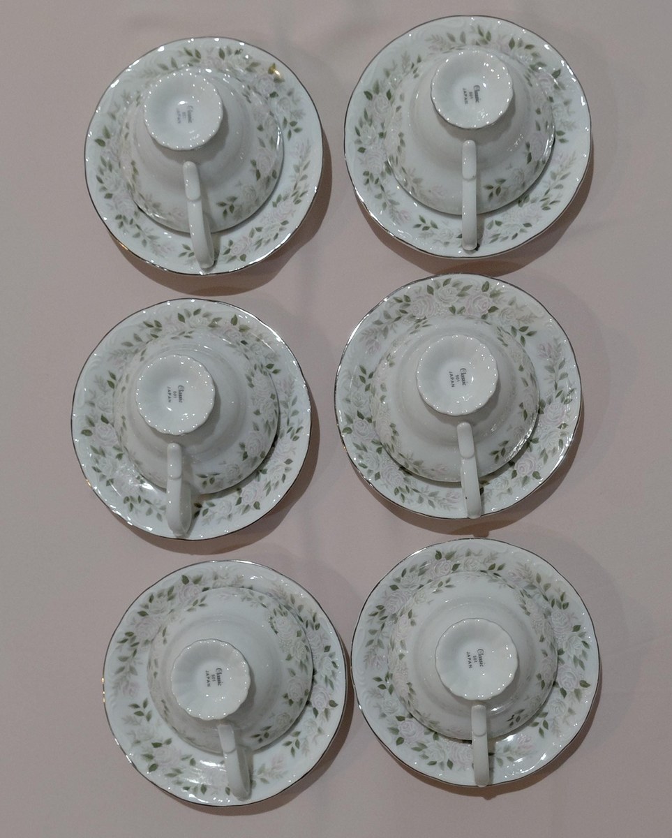 Vintage Sheffield Bone China Tea Cup & Saucer Set: Blush Rose Garland, Silver Trim, view 9