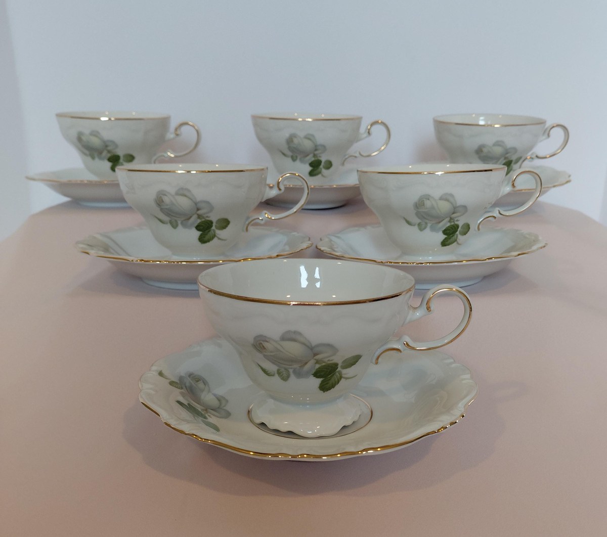 Vintage Johann Haviland White Rose Tea Set - cups and saucers - Set of 6, view 3
