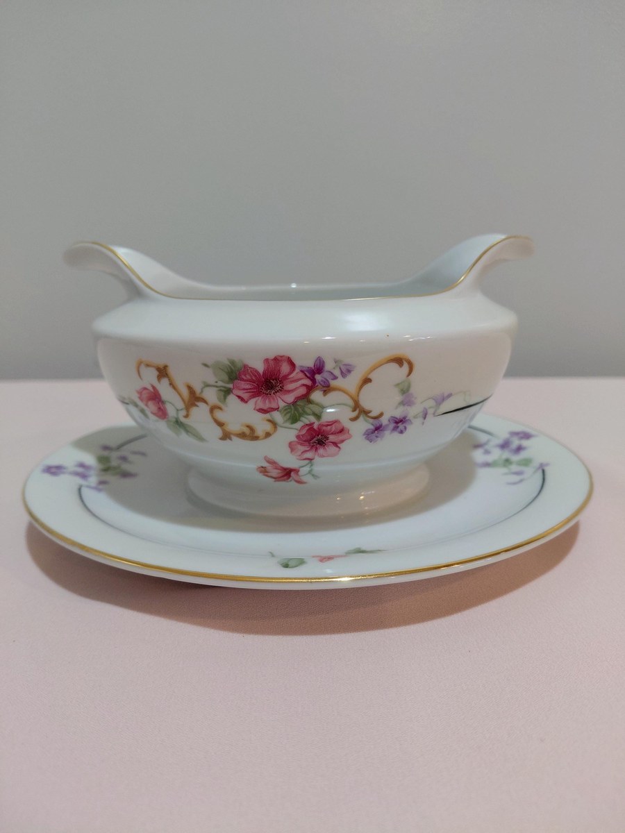 TK Thun Bohemia Edna Gravy Boat Bowl Creamer Czech Porcelain 1918-1939 Floral Gold Trim, view 2