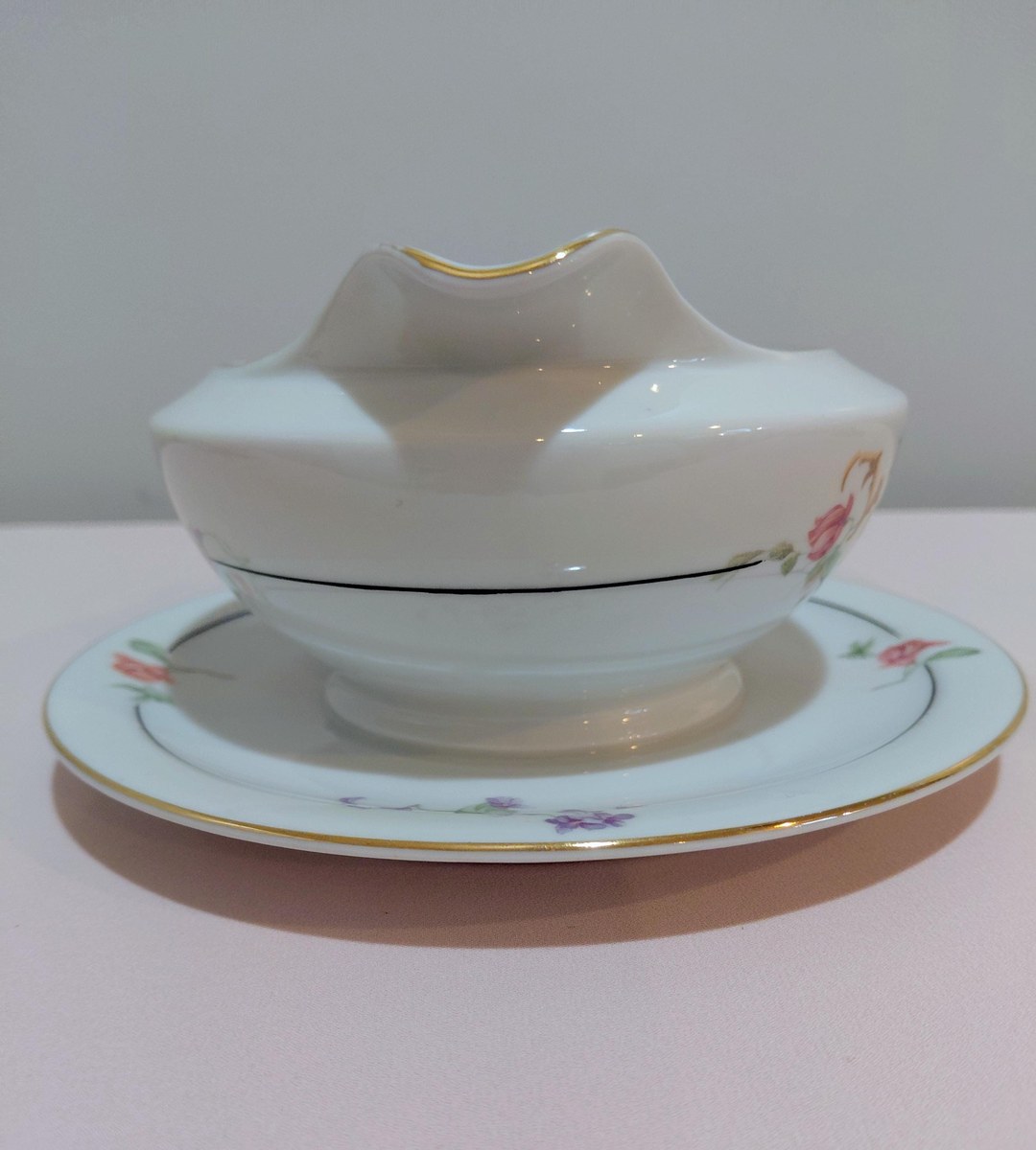 TK Thun Bohemia Edna Gravy Boat Bowl Creamer Czech Porcelain 1918-1939 Floral Gold Trim, view 4