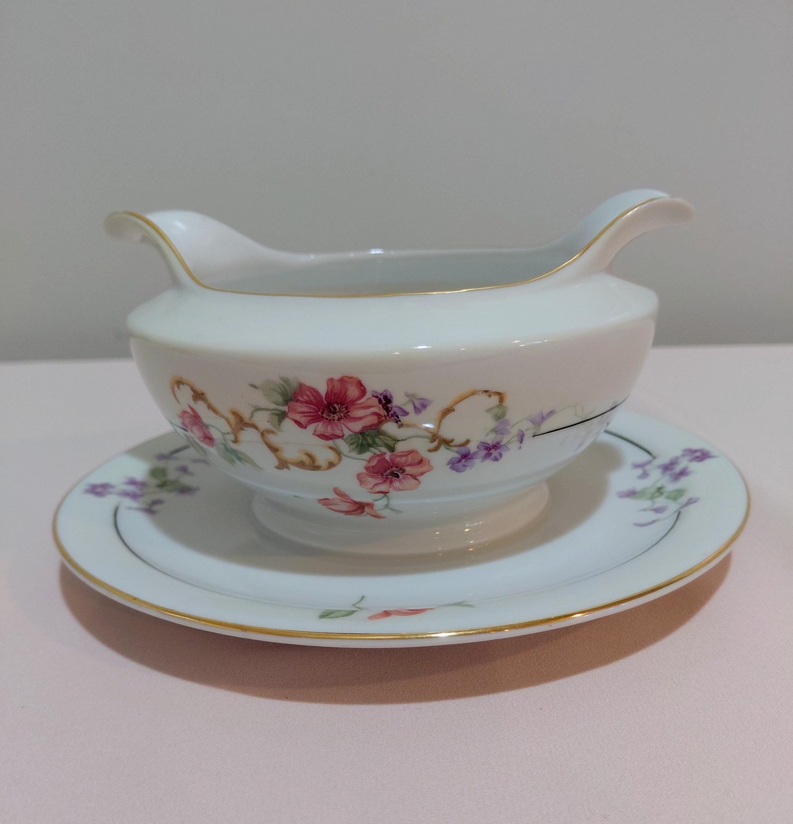 TK Thun Bohemia Edna Gravy Boat Bowl Creamer Czech Porcelain 1918-1939 Floral Gold Trim, view 5