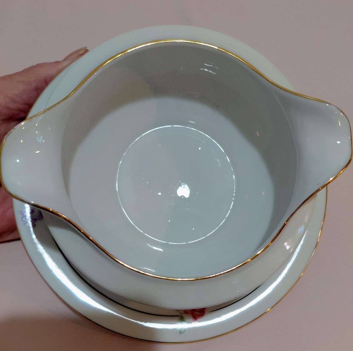 TK Thun Bohemia Edna Gravy Boat Bowl Creamer Czech Porcelain 1918-1939 Floral Gold Trim, view 6