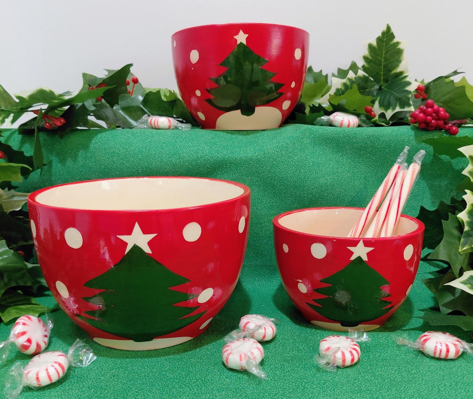 Handpainted Christmas Nesting Bowls: Red Polka Dot Tree, Set of 3