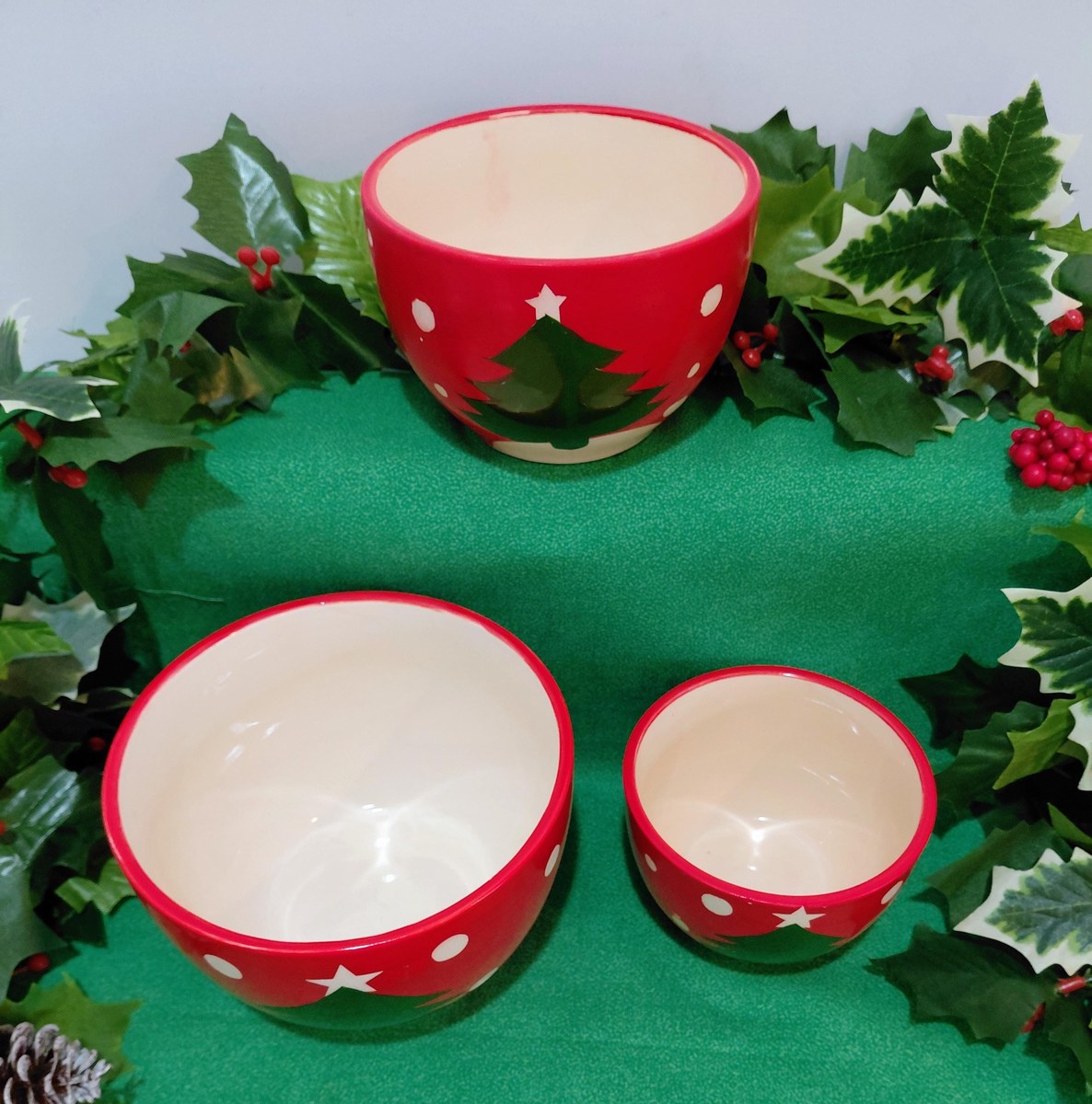 Handpainted Christmas Nesting Bowls: Red Polka Dot Tree, Set of 3, view 2