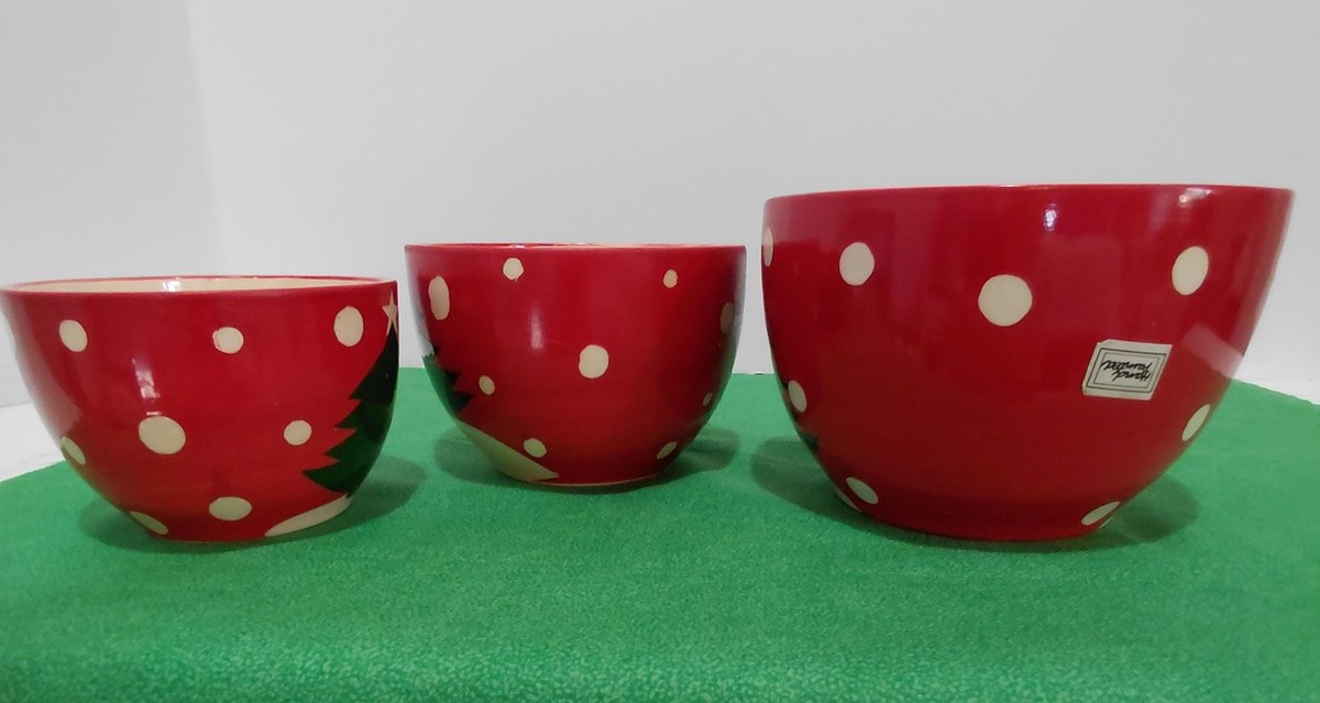 Handpainted Christmas Nesting Bowls: Red Polka Dot Tree, Set of 3, view 8