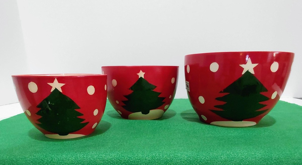 Handpainted Christmas Nesting Bowls: Red Polka Dot Tree, Set of 3, view 9