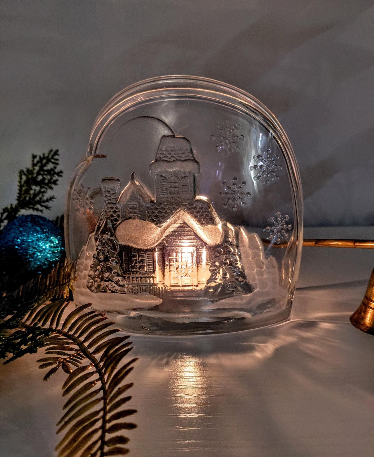 Vintage Luminarc Frosted Glass Candle Holder: Winter House Scene Christmas Decor