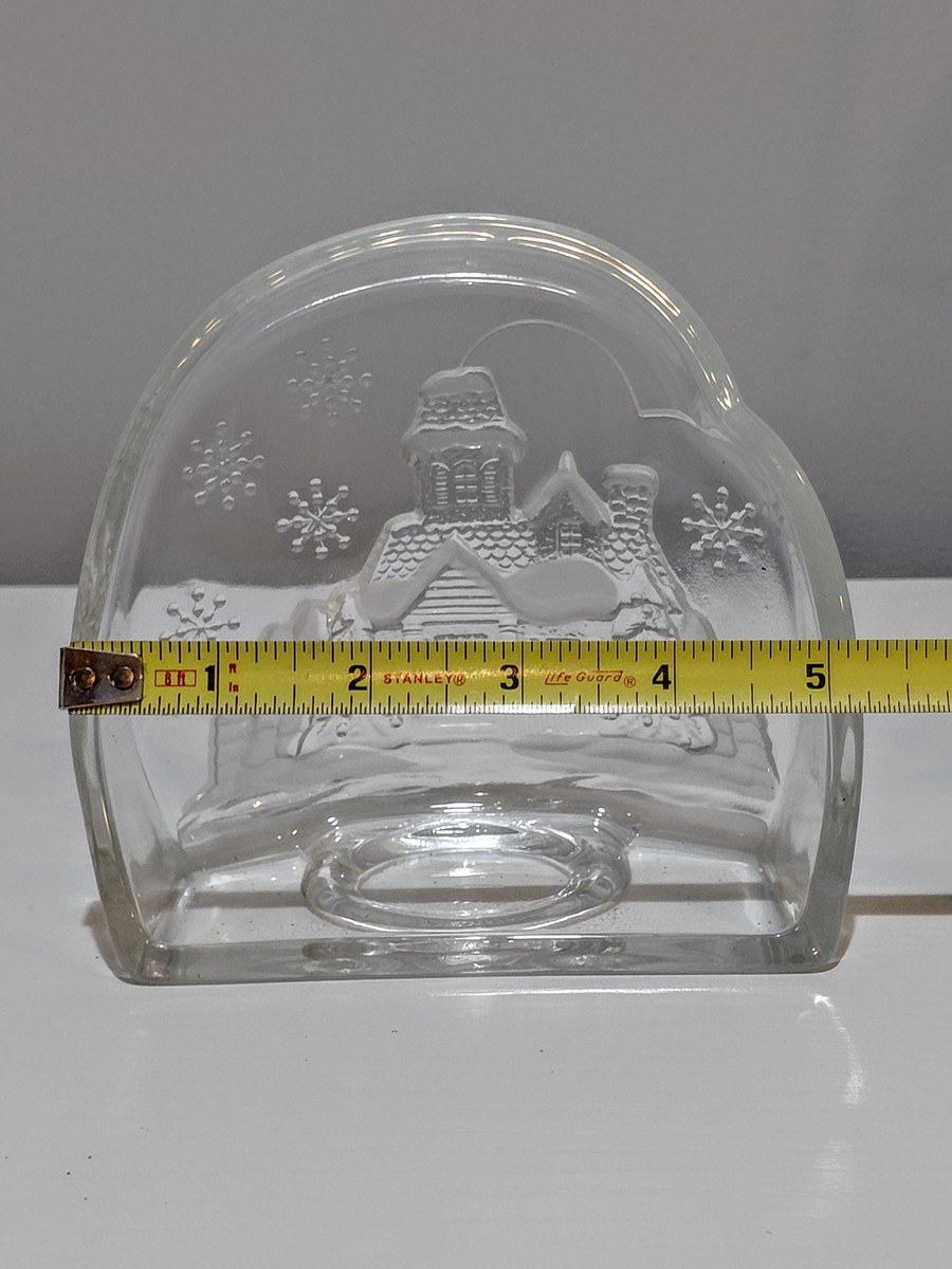 Vintage Luminarc Frosted Glass Candle Holder: Winter House Scene Christmas Decor, view 10