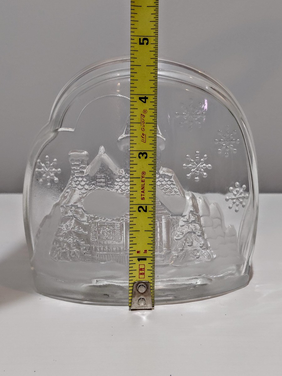 Vintage Luminarc Frosted Glass Candle Holder: Winter House Scene Christmas Decor, view 13