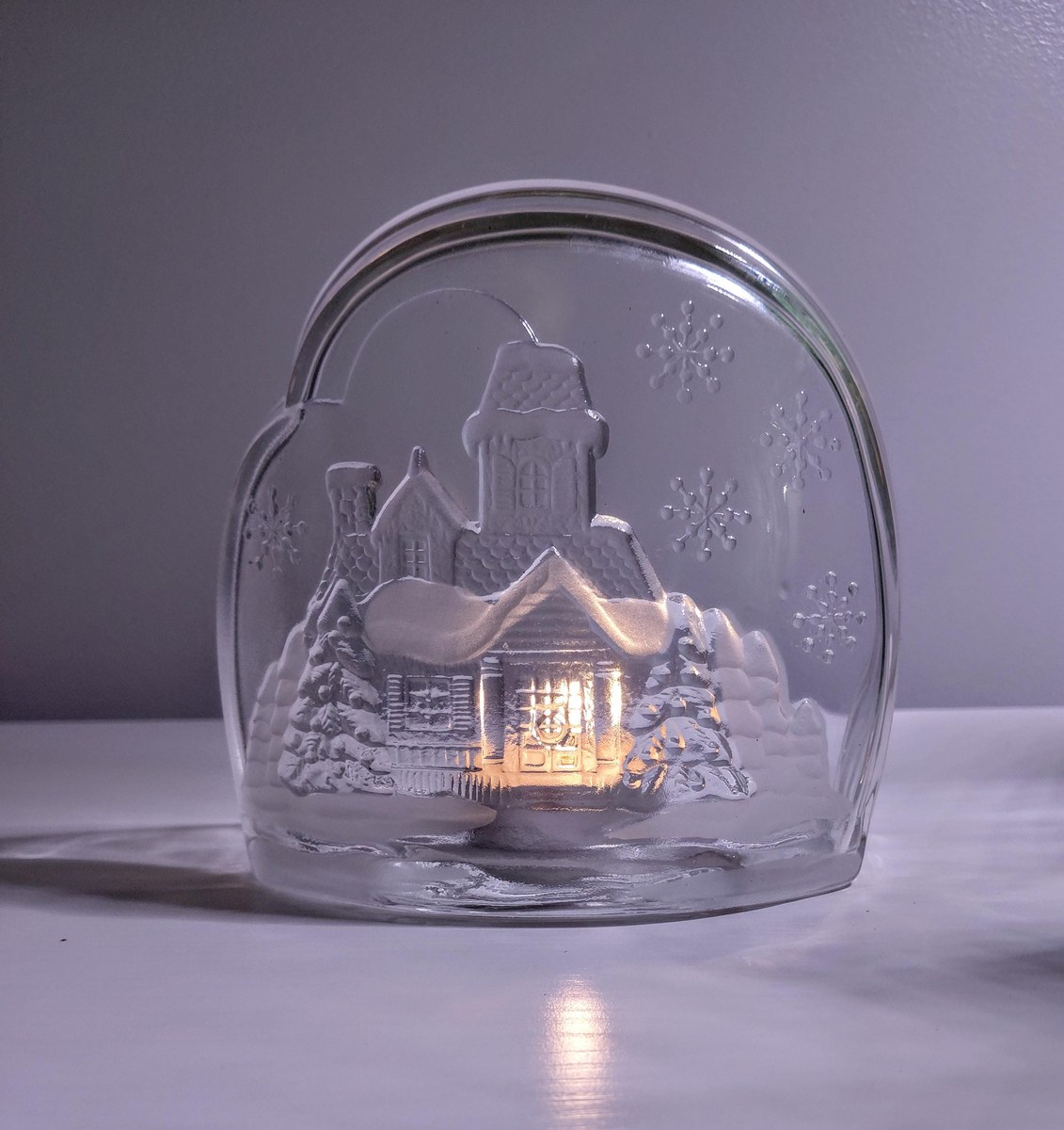 Vintage Luminarc Frosted Glass Candle Holder: Winter House Scene Christmas Decor, view 14