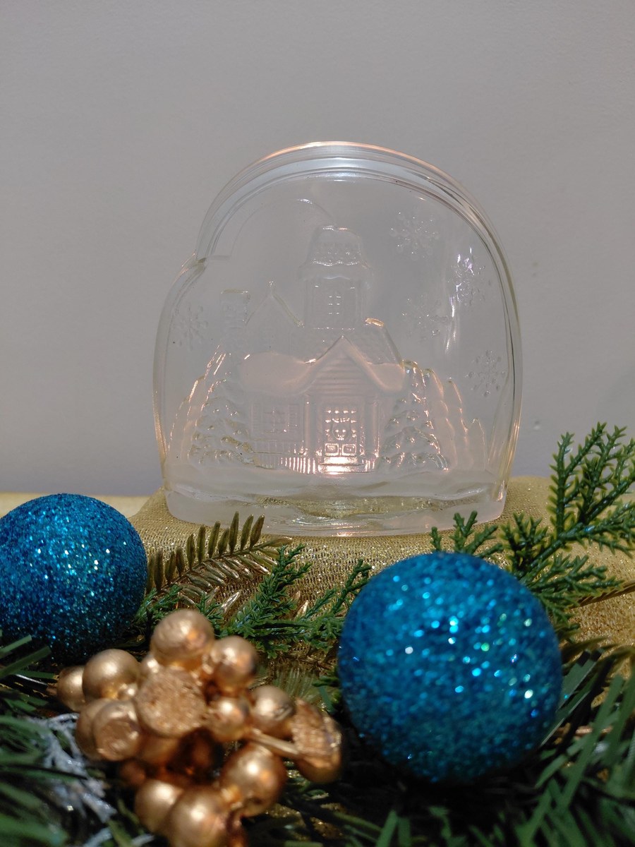 Vintage Luminarc Frosted Glass Candle Holder: Winter House Scene Christmas Decor, view 15