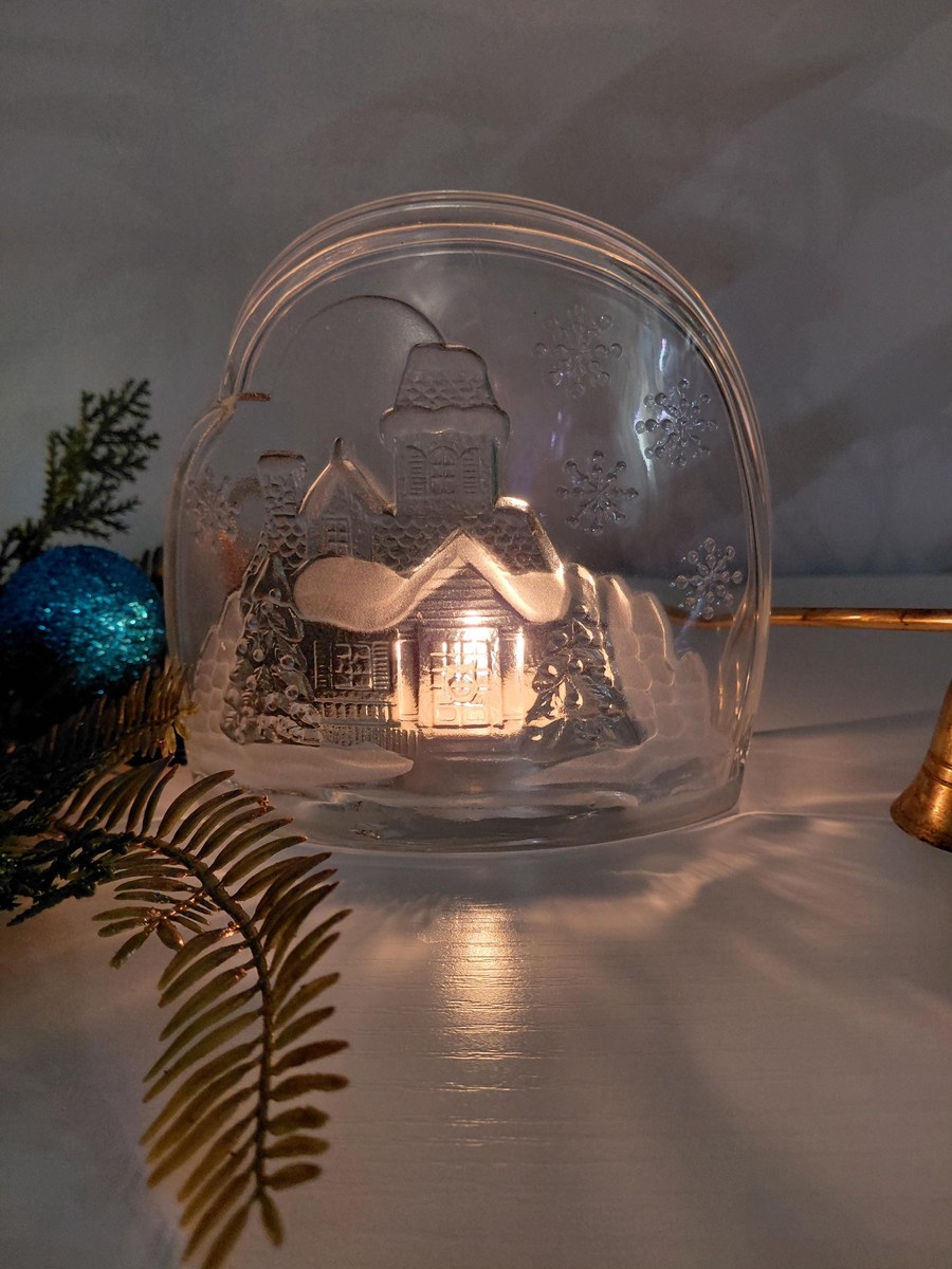 Vintage Luminarc Frosted Glass Candle Holder: Winter House Scene Christmas Decor, view 16