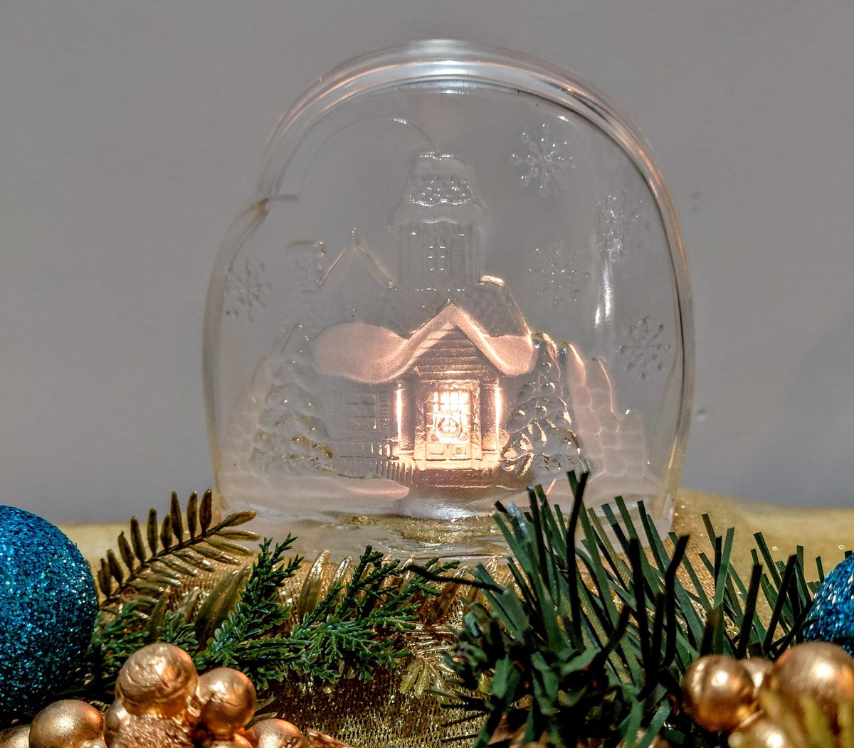 Vintage Luminarc Frosted Glass Candle Holder: Winter House Scene Christmas Decor, view 2