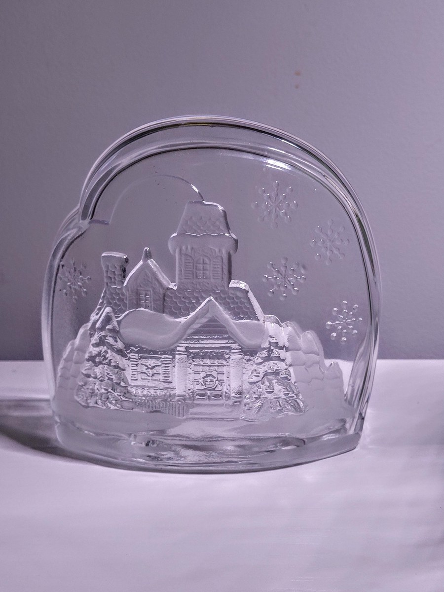 Vintage Luminarc Frosted Glass Candle Holder: Winter House Scene Christmas Decor, view 3