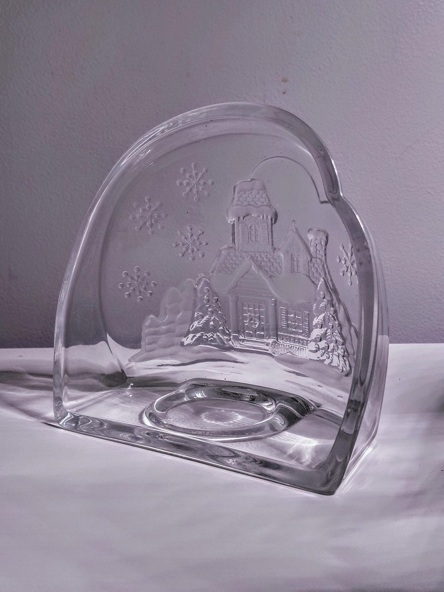 Vintage Luminarc Frosted Glass Candle Holder: Winter House Scene Christmas Decor, view 4