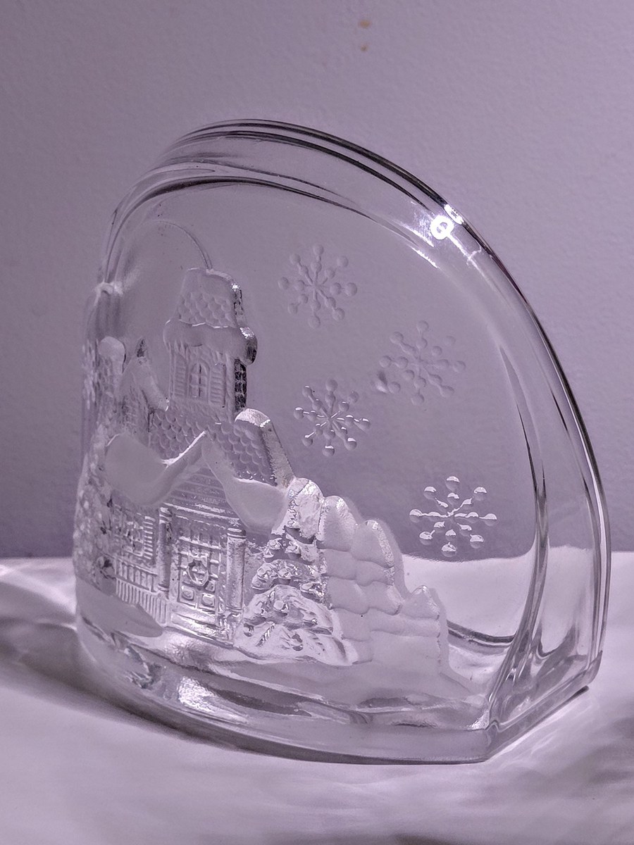 Vintage Luminarc Frosted Glass Candle Holder: Winter House Scene Christmas Decor, view 5