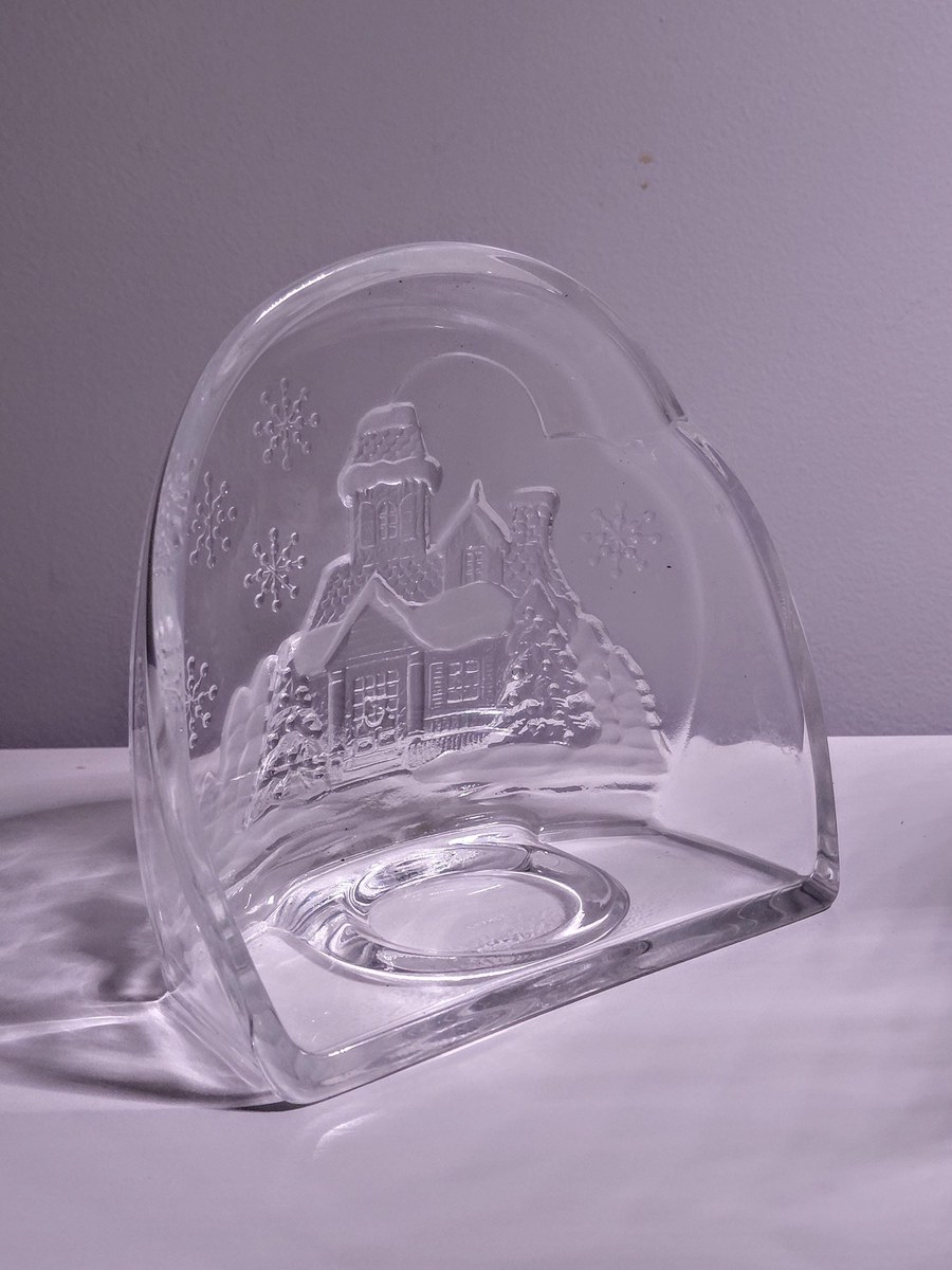 Vintage Luminarc Frosted Glass Candle Holder: Winter House Scene Christmas Decor, view 6