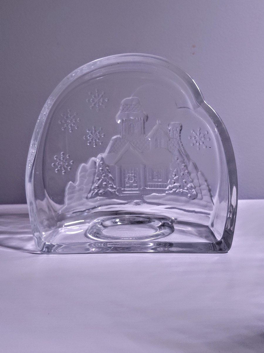 Vintage Luminarc Frosted Glass Candle Holder: Winter House Scene Christmas Decor, view 8