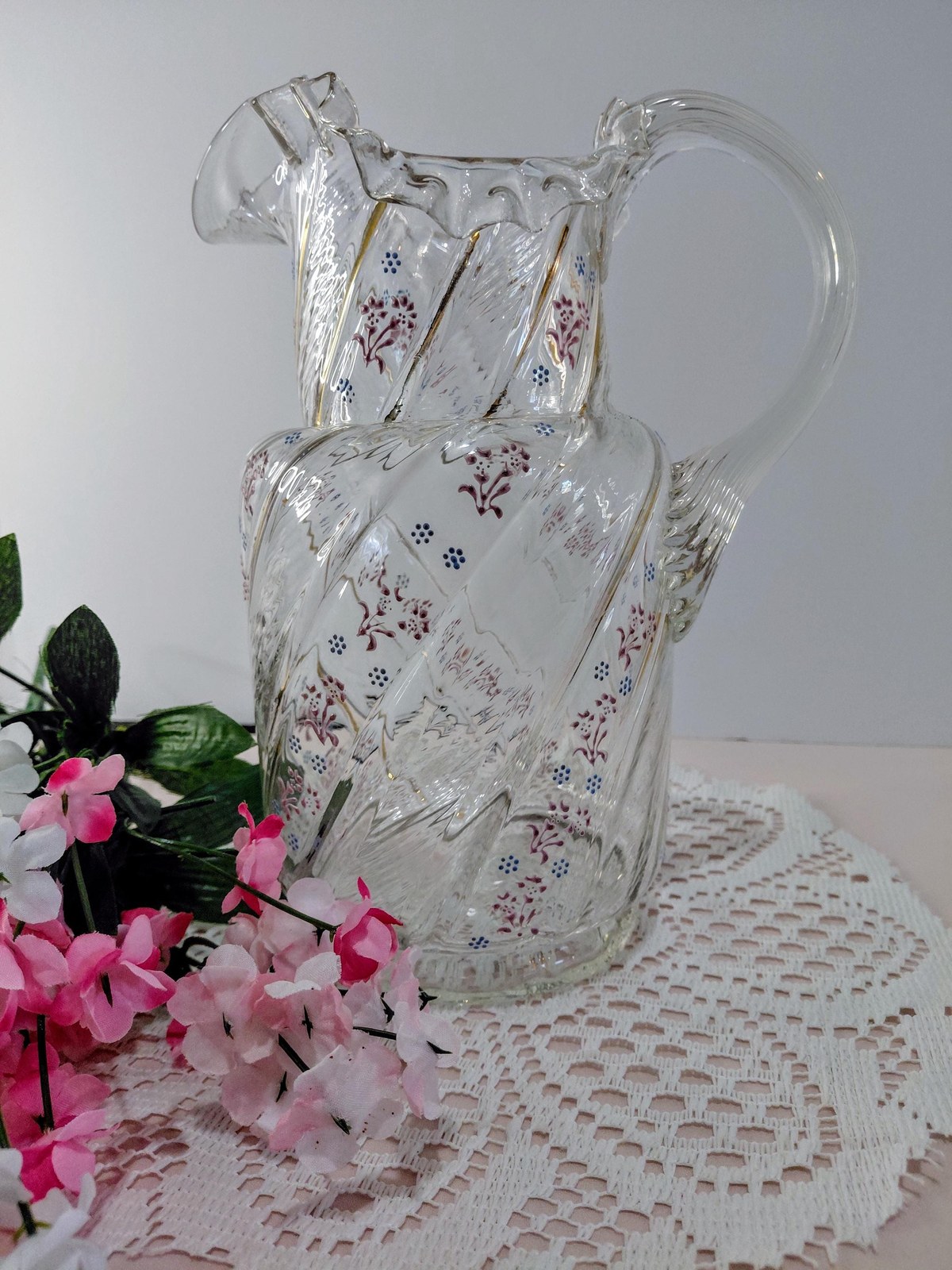 Antique Victorian Blown Glass Pitcher: Enamel Floral & Gold, Optic Swirl
