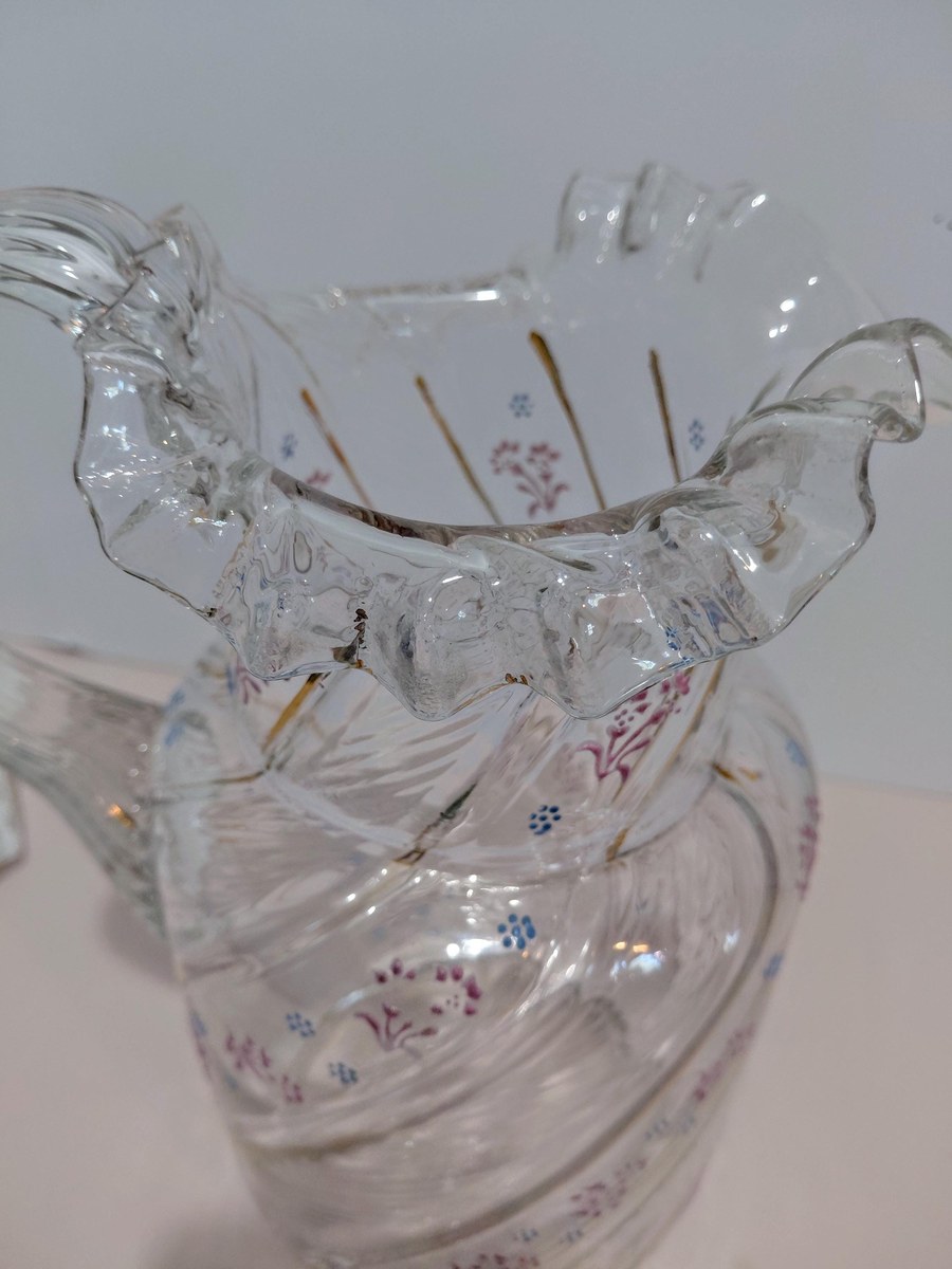 Antique Victorian Blown Glass Pitcher: Enamel Floral & Gold, Optic Swirl, view 10
