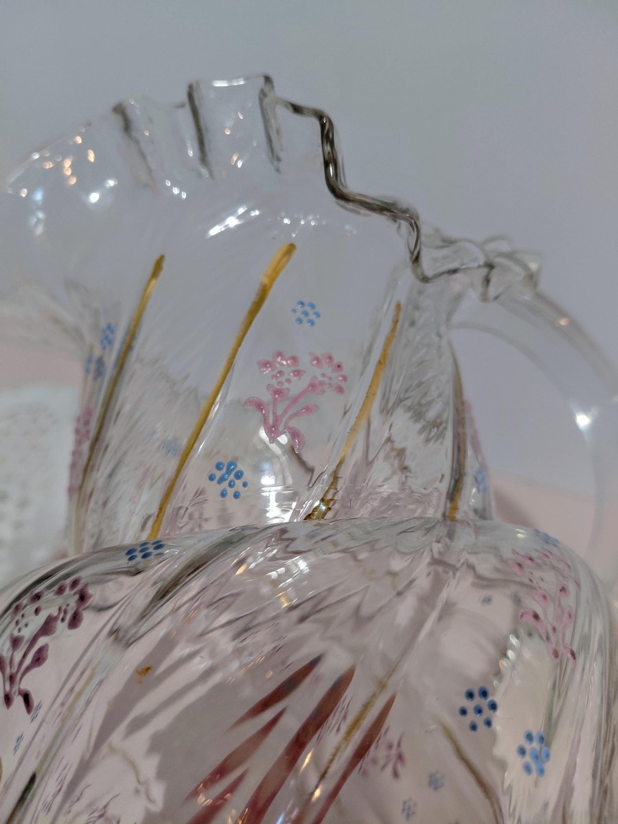 Antique Victorian Blown Glass Pitcher: Enamel Floral & Gold, Optic Swirl, view 12