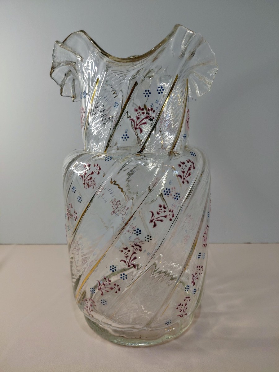 Antique Victorian Blown Glass Pitcher: Enamel Floral & Gold, Optic Swirl, view 13