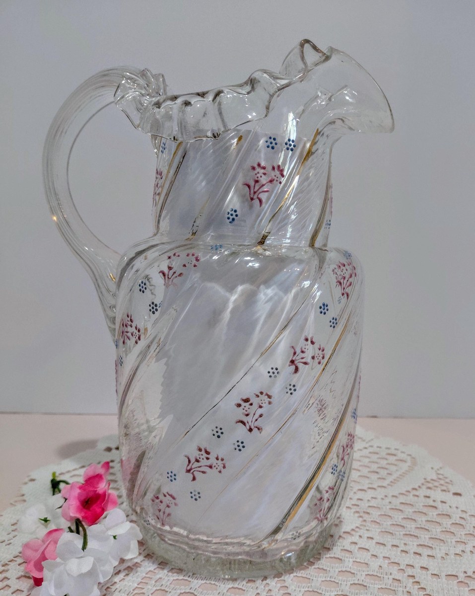 Antique Victorian Blown Glass Pitcher: Enamel Floral & Gold, Optic Swirl, view 14