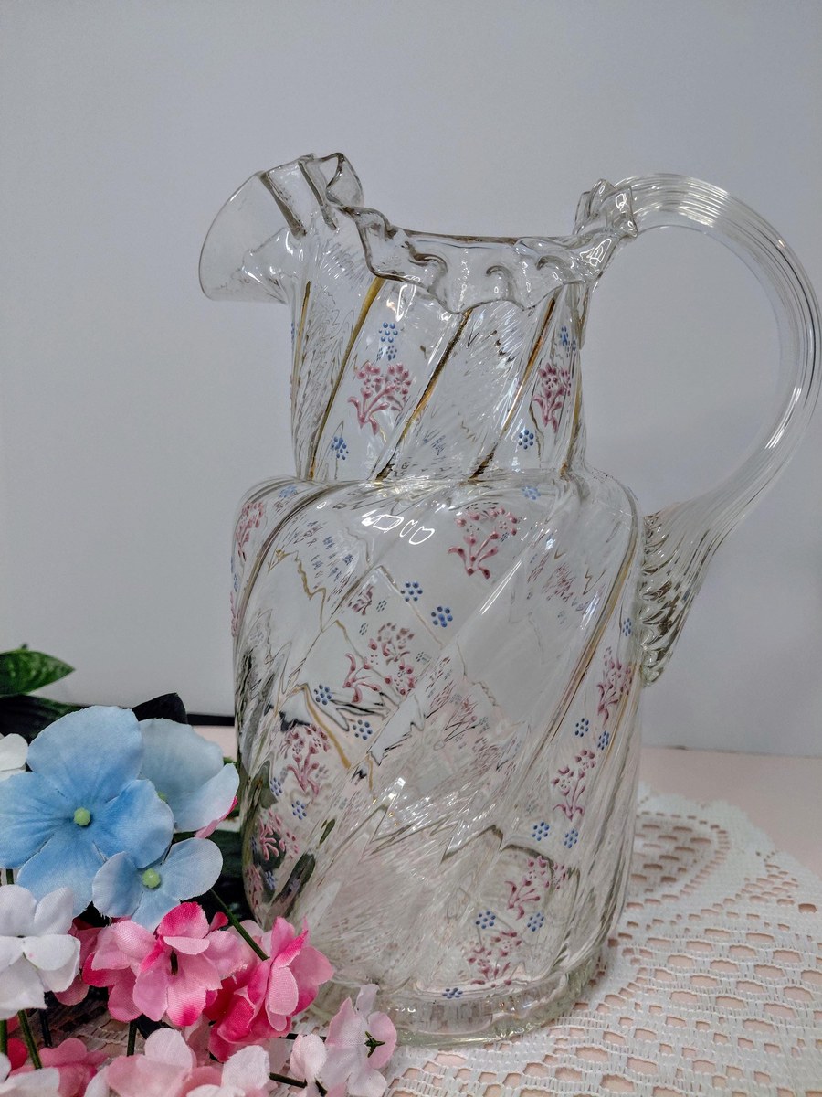 Antique Victorian Blown Glass Pitcher: Enamel Floral & Gold, Optic Swirl, view 15