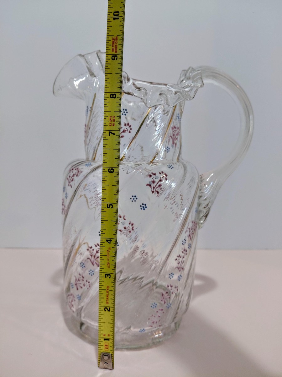 Antique Victorian Blown Glass Pitcher: Enamel Floral & Gold, Optic Swirl, view 16