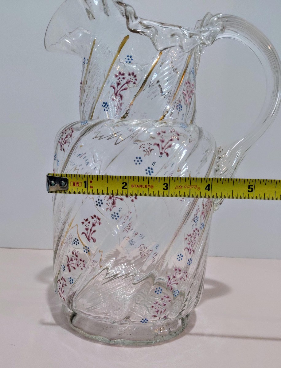 Antique Victorian Blown Glass Pitcher: Enamel Floral & Gold, Optic Swirl, view 17