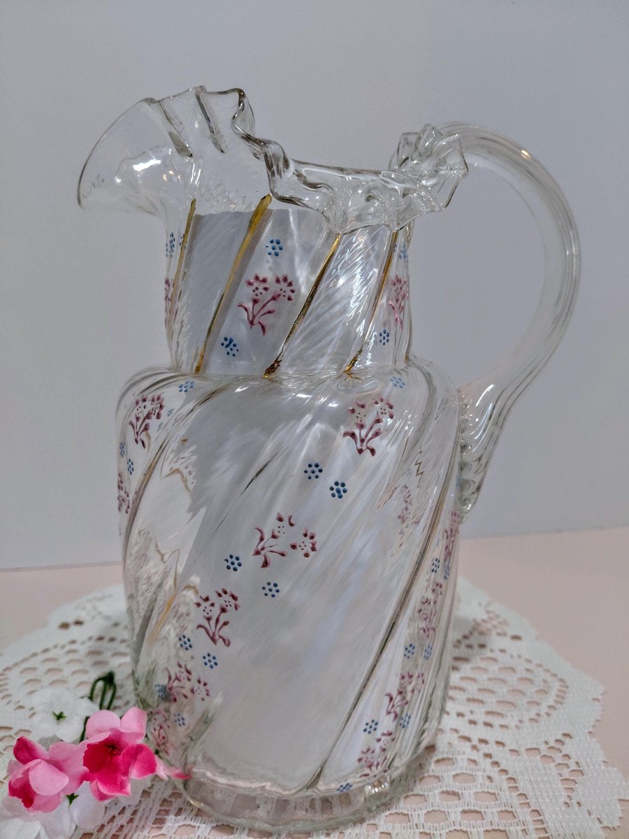 Antique Victorian Blown Glass Pitcher: Enamel Floral & Gold, Optic Swirl, view 19