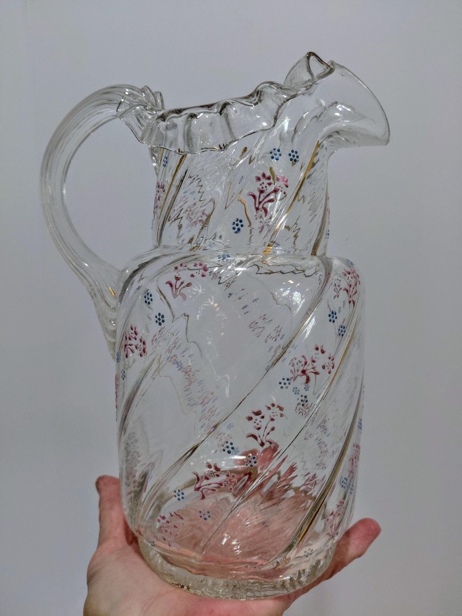 Antique Victorian Blown Glass Pitcher: Enamel Floral & Gold, Optic Swirl, view 2