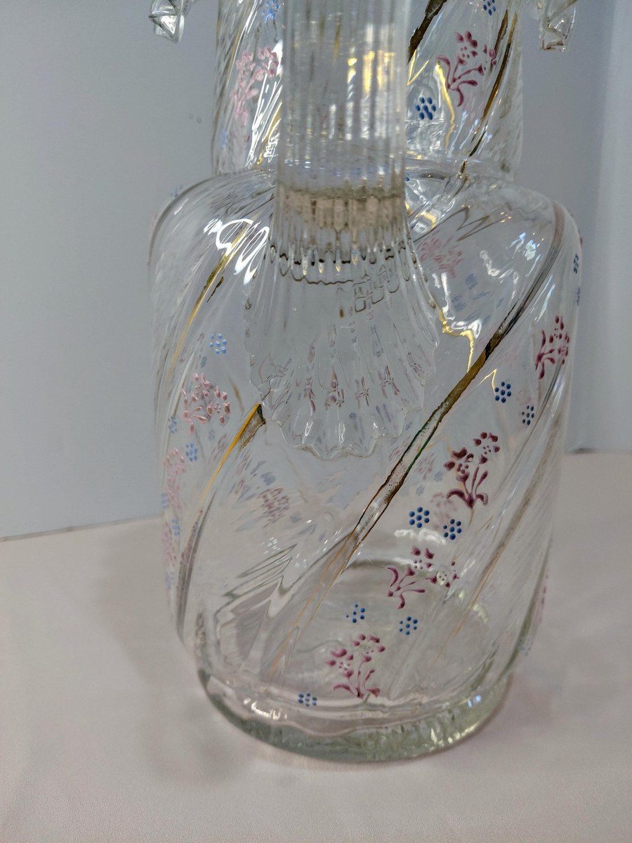 Antique Victorian Blown Glass Pitcher: Enamel Floral & Gold, Optic Swirl, view 20