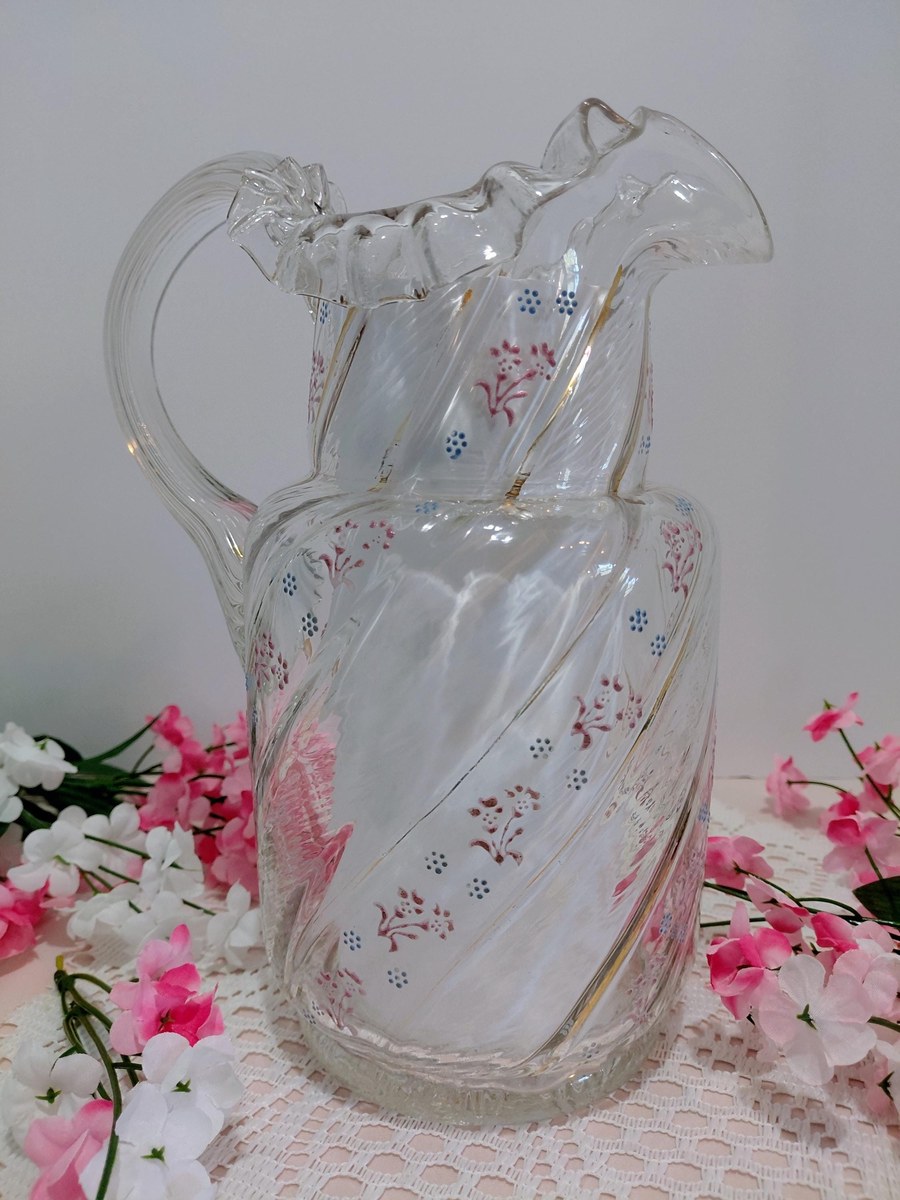 Antique Victorian Blown Glass Pitcher: Enamel Floral & Gold, Optic Swirl, view 3