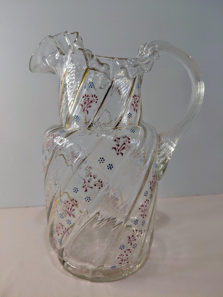 Antique Victorian Blown Glass Pitcher: Enamel Floral & Gold, Optic Swirl, view 4