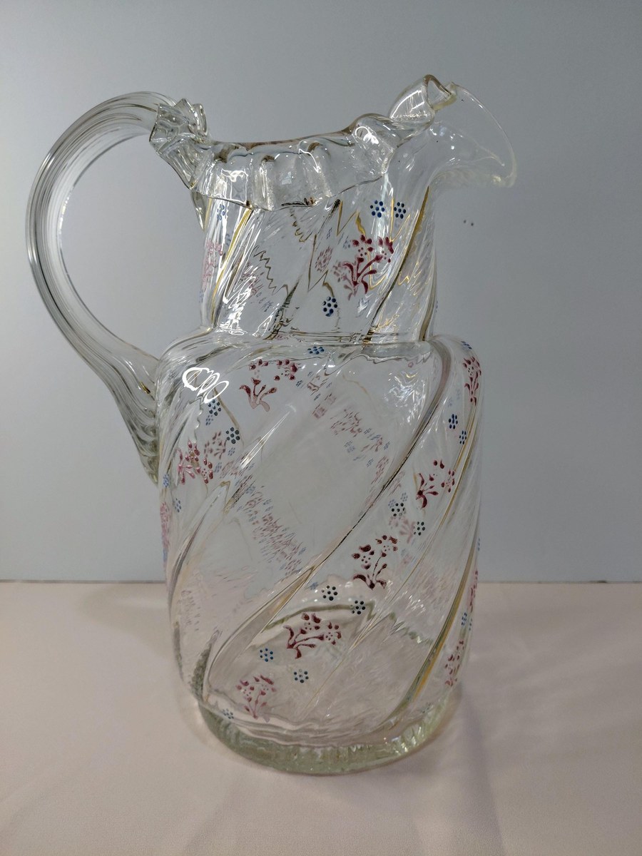Antique Victorian Blown Glass Pitcher: Enamel Floral & Gold, Optic Swirl, view 5