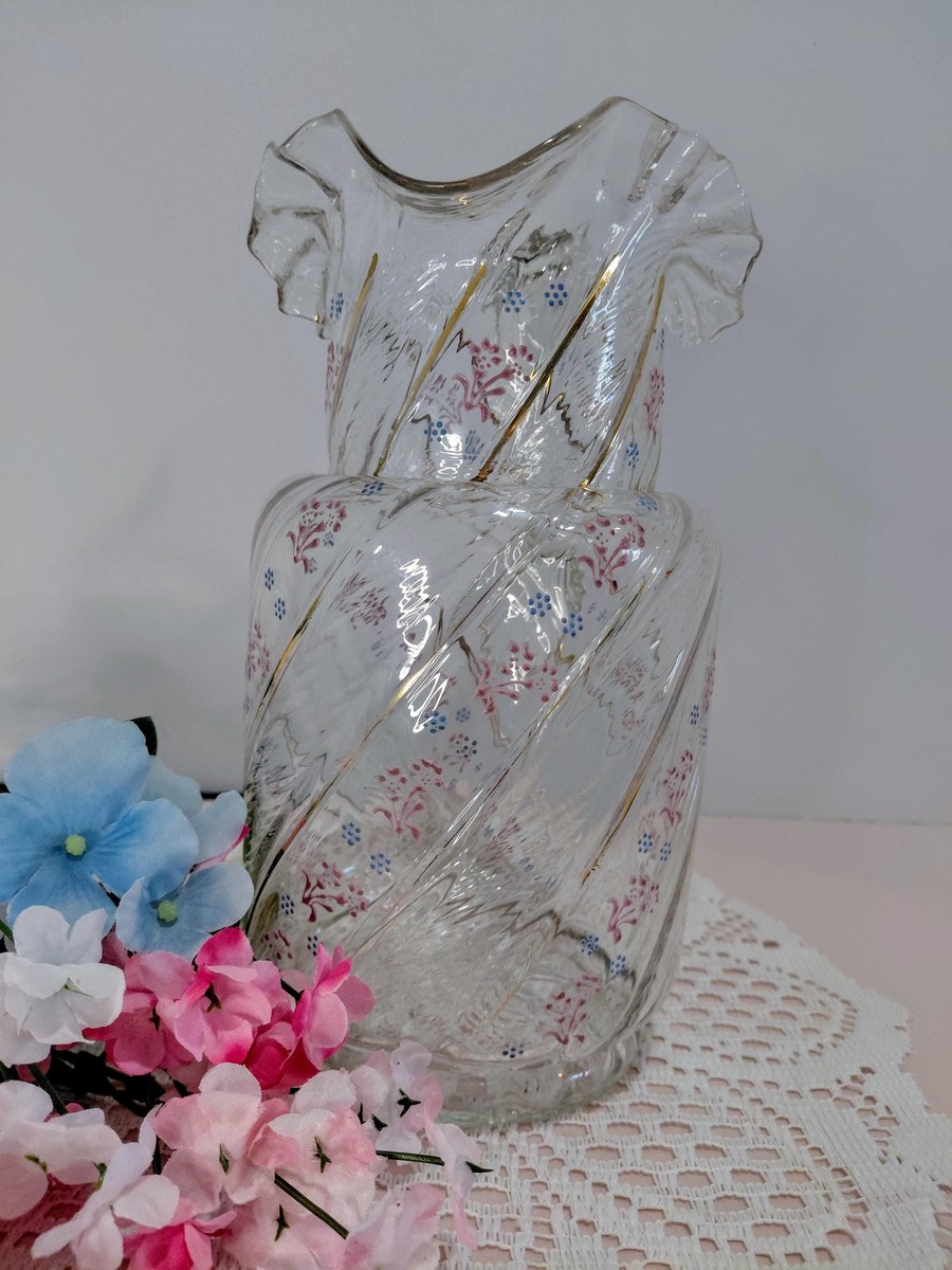Antique Victorian Blown Glass Pitcher: Enamel Floral & Gold, Optic Swirl, view 6