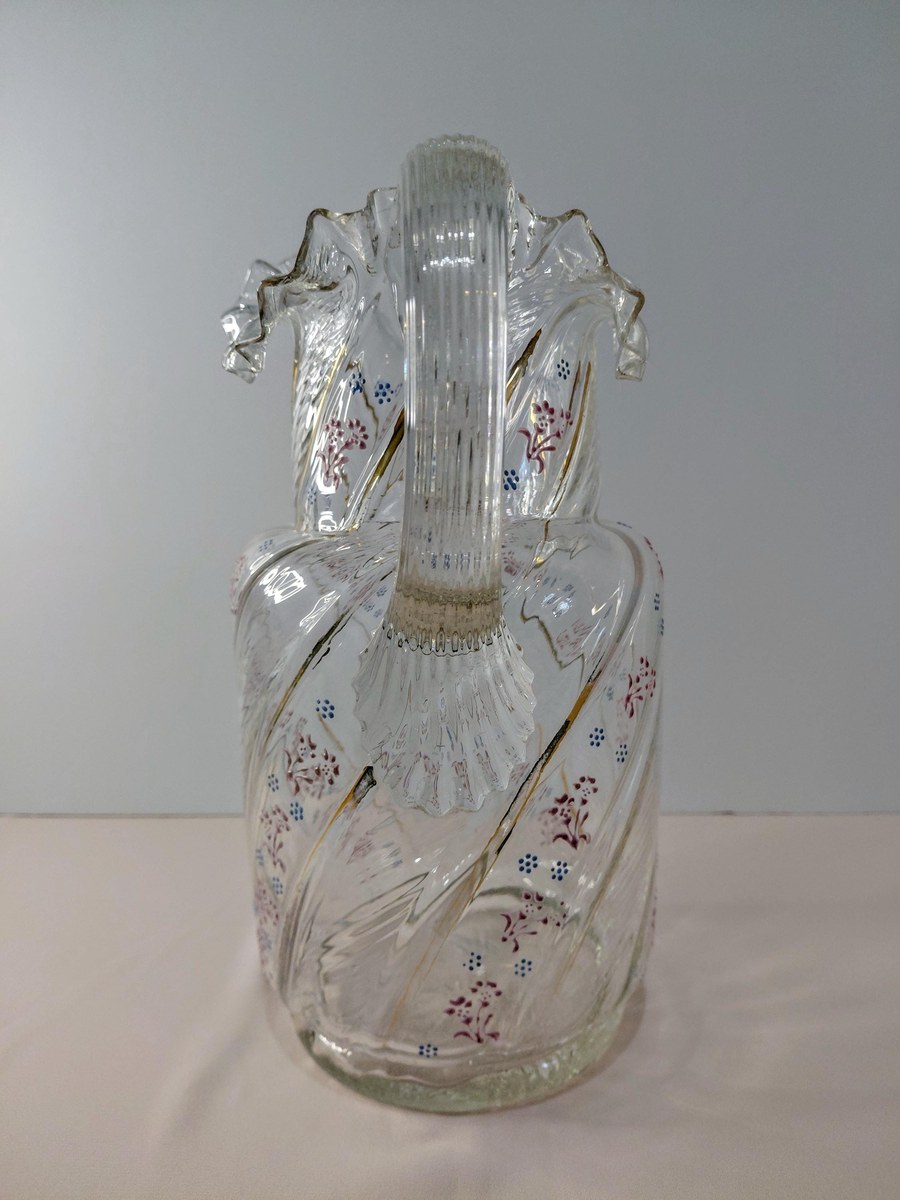 Antique Victorian Blown Glass Pitcher: Enamel Floral & Gold, Optic Swirl, view 7