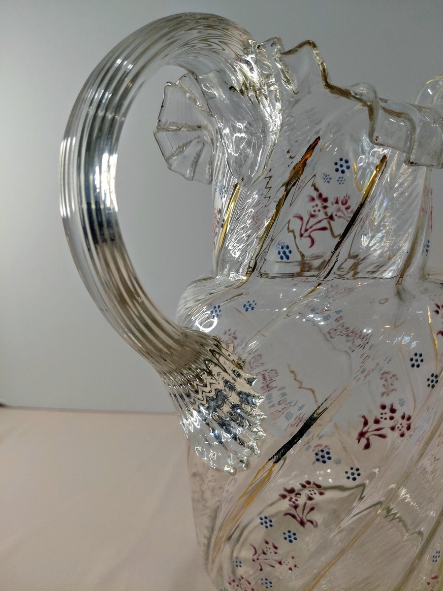 Antique Victorian Blown Glass Pitcher: Enamel Floral & Gold, Optic Swirl, view 8