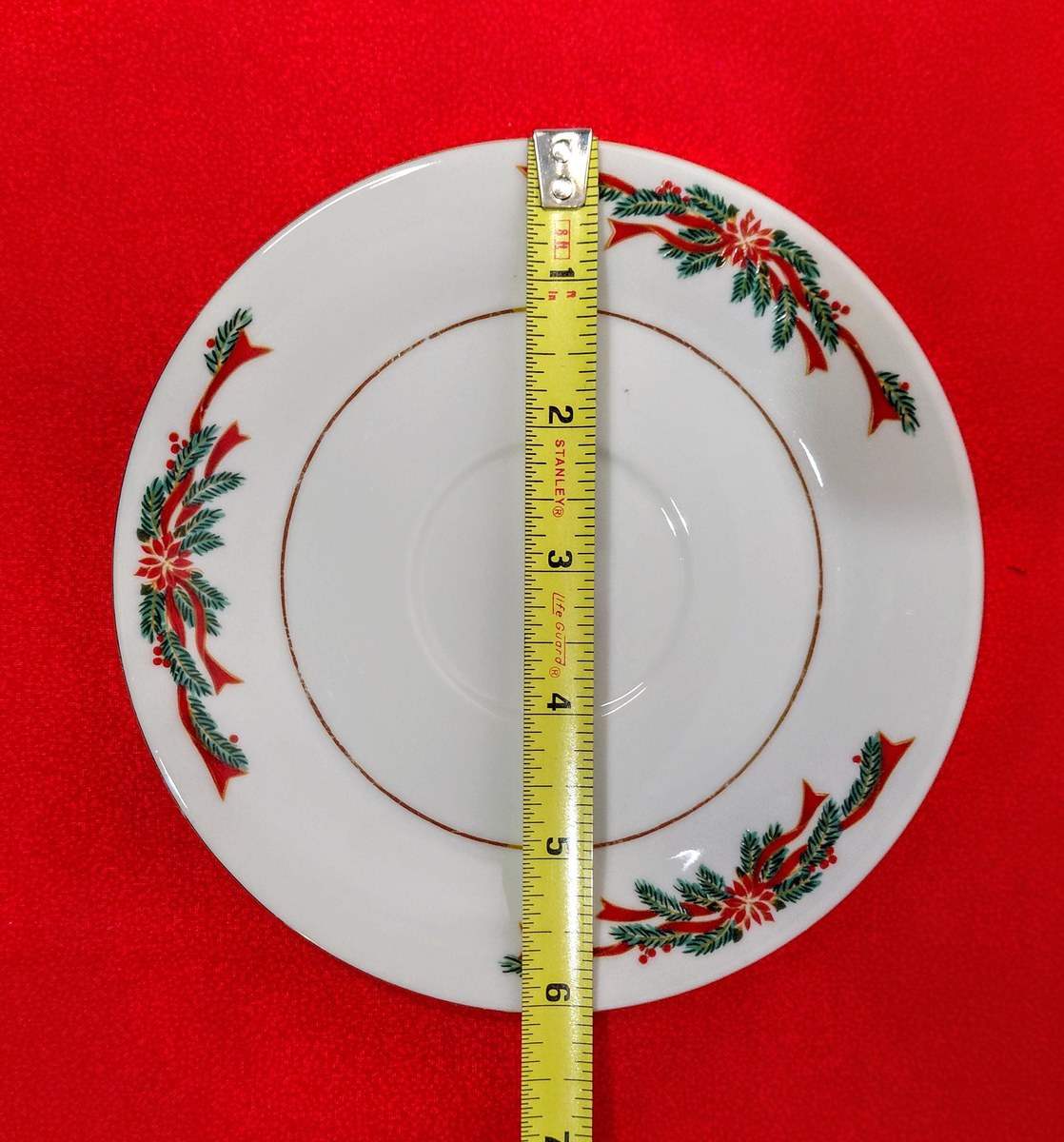 Vintage Tienshan Christmas Teacup Set | Deck the Halls Poinsettia Fine China, view 13