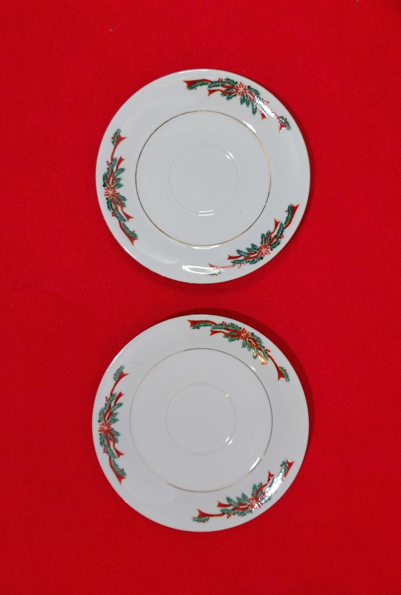 Vintage Tienshan Christmas Teacup Set | Deck the Halls Poinsettia Fine China, view 15