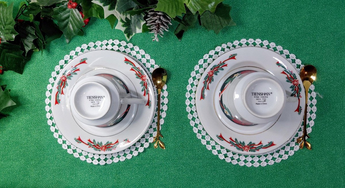 Vintage Tienshan Christmas Teacup Set | Deck the Halls Poinsettia Fine China, view 17