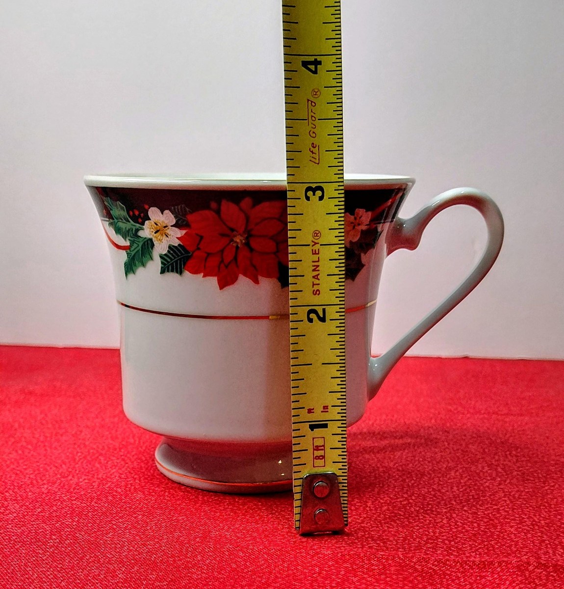 Vintage Tienshan Christmas Teacup Set | Deck the Halls Poinsettia Fine China, view 20