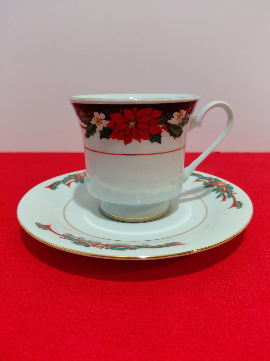 Vintage Tienshan Christmas Teacup Set | Deck the Halls Poinsettia Fine China, view 3